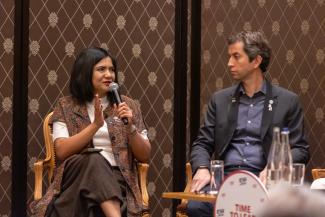 OVOV Global Advisory Committee member Nupur Lalvani speaking at a press conference at a WHA78 side event. 